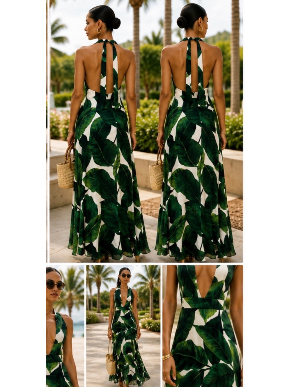 MILLY Tropical Banana Leaf Halter Maxi Dress Green White Backless NWOT - Picture 2 of 9
